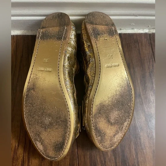 Miu Miu Metallic Gold Jeweled Bow Flats - Picture 5 of 6